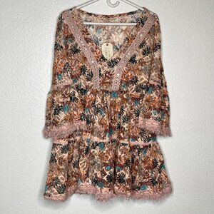 Lara Ethnics Top Women's Pink One Size Jungle Cheetah Lace Semi Sheer Boho NWT
